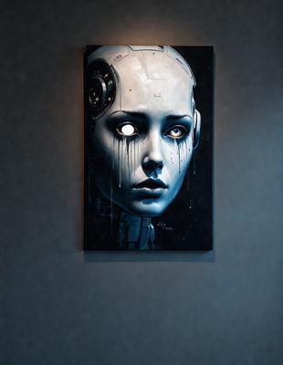 The primary subject of the image is a painting of a robot with a tear in its eye. The robot is wearing a helmet and has a blue color scheme. The setting is a wall, and the visual style is a painting. The colors and mood of the painting are dark and moody, creating a sense of emotion and depth.